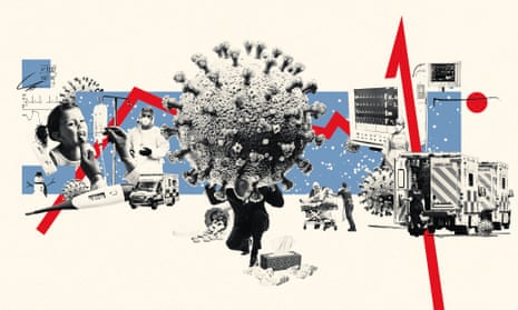 Illustration by Klawe Rzeczy showing Covid viruses and ambulances.