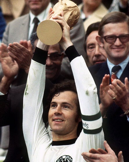 Franz Beckenbauer lifting the World Cup trophy after Germany’s 2-1 victory against the Netherlands in the 1974 World Cup final in Munch.