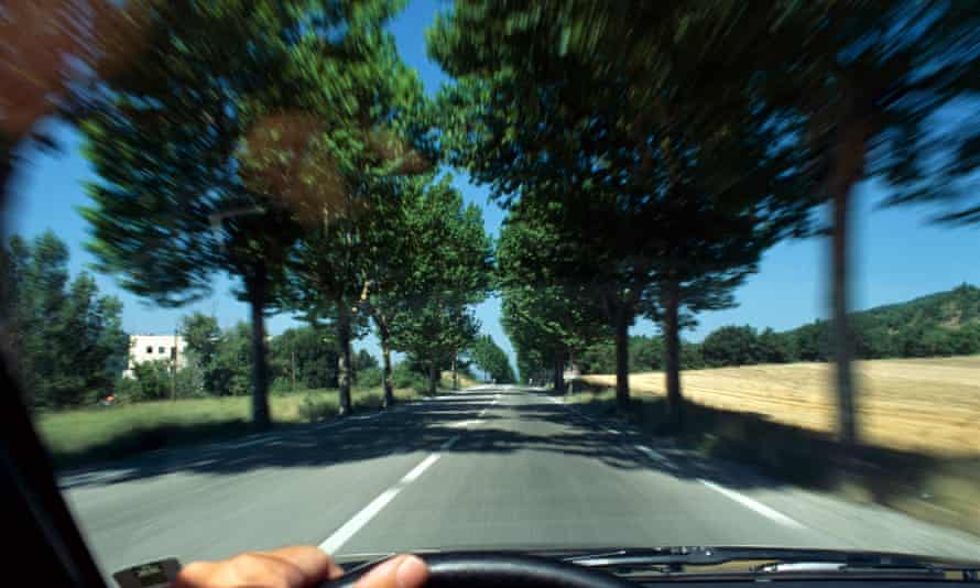 Driving on tree-lined rural road, France
