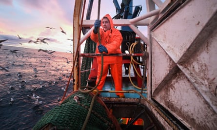 Crew members of the Radiant Star fishing in the North Sea off Shetland, Scotland.