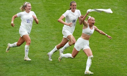 Chloe Kelly swirls her shirt above her head after scoring England’s extra-time winner in the Euro 2022 final against Germany at Wembley.