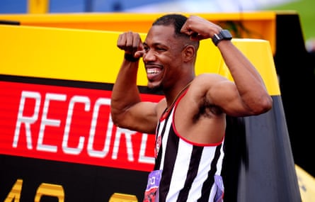 Zharnel Hughes celebrates after winning the men’s 200m final during day two of the UK Athletics Championships.