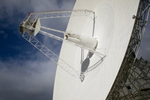 A close-up view of the largest dish on site showing the parabolic surface. The tall cone-like structure in the middle is the transmitter-receiver system. The cone is the height of a five-storey building.