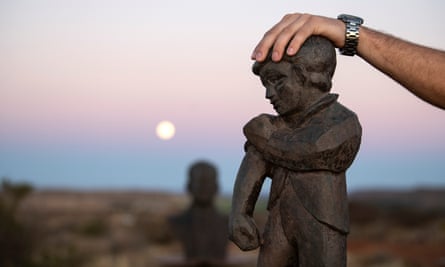 Spokesperson of the Orania Beweging rests his hand on the town’s mascot “De Kleine Reus” (The Little Giant) that symbolises the Oranians’ belief in self reliance.