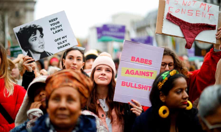 Demonstrators attend the March4Women rally in London on International Women’s Day in March.