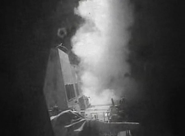 A screen grab from a US Navy video showing the aftermath of the Tomahawk attack.