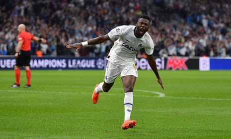 Chancel Mbemba celebrates after opening the scoring in Marseilles.