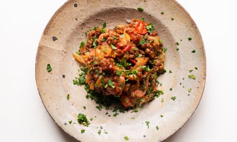 ‘Don’t hurry the onions’: lentils, sausages and harissa.