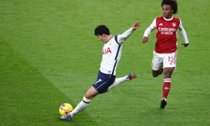 Son Heung-min lets fly from long range to score Tottenham’s first goal of their 2-0 victory against Arsenal in the north London derby.