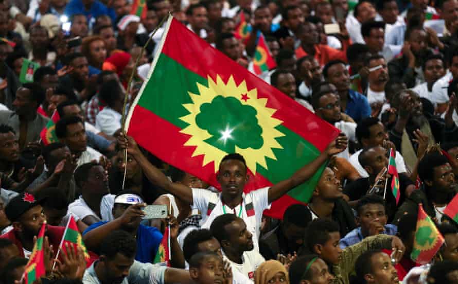 An Oromo Liberation Front flag waves during a demonstration in Addis Ababa