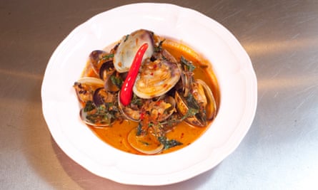 ‘Clams arrive in a broth thick with sweet chilli jam and outrageously blousy, aromatic Thai basil’: clams in chilli broth.