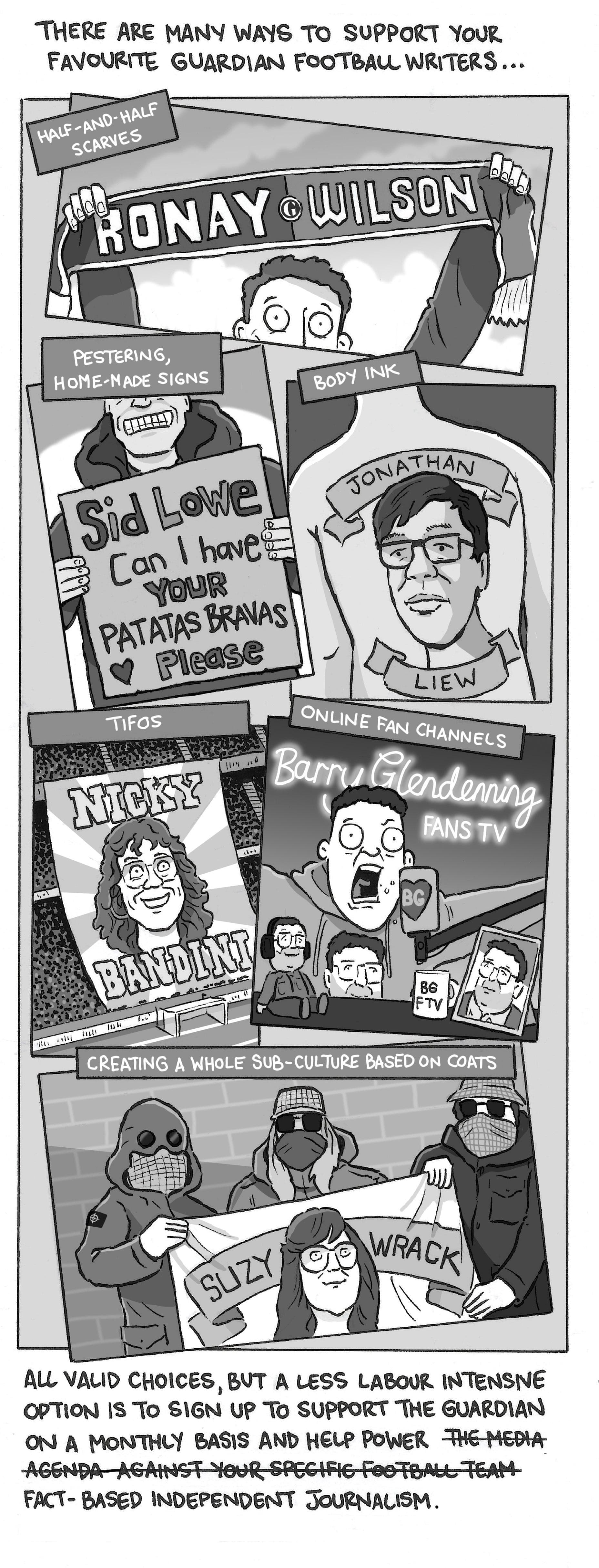 Image of a cartoon strip by David Squires, asking if you would be willing to help support the Guardian