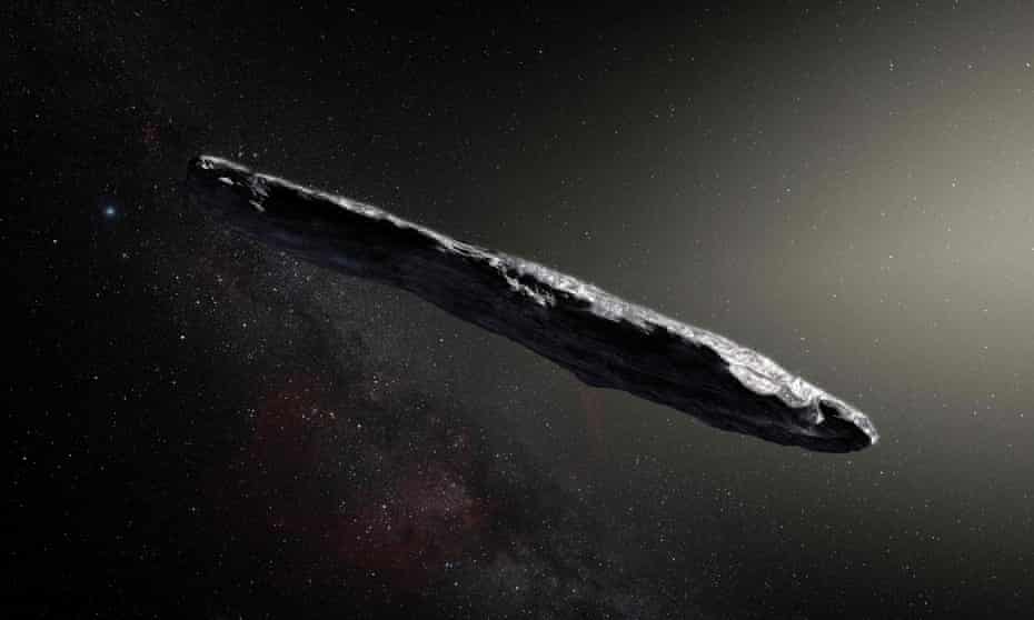 An artist’s impression of interstellar asteroid `Oumuamua. It is a dark red highly-elongated metallic or rocky object, about 400 metres long, and unlike anything normally found in the Solar System.