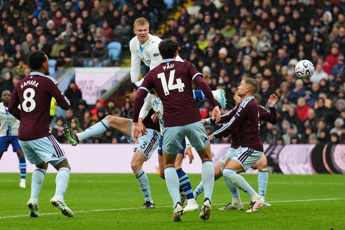 Erling Haaland heads Manchester City level against Aston Villa in the October 24 Premier League match