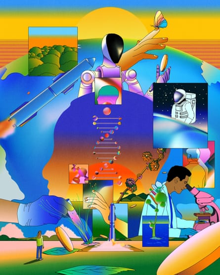 A illustration of scenes of science, nature, and technology. At the center, a silhouette of a human head contains a DNA helix, surrounded by a robot reaching toward a butterfly, a rocket launch, an astronaut floating in space, a scientist looking into a microscope, and hands conducting experiments with plants and pills. Smaller vignettes depict trees, molecules, and scientific tools. #216BD5