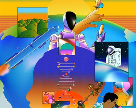 A illustration of scenes of science, nature, and technology. At the center, a silhouette of a human head contains a DNA helix, surrounded by a robot reaching toward a butterfly, a rocket launch, an astronaut floating in space, a scientist looking into a microscope, and hands conducting experiments with plants and pills. Smaller vignettes depict trees, molecules, and scientific tools.