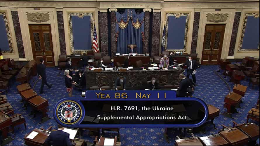 An image from Senate Television showing the final vote of 86-11 as US senators overwhelmingly backed a $40bn aid package for Ukraine