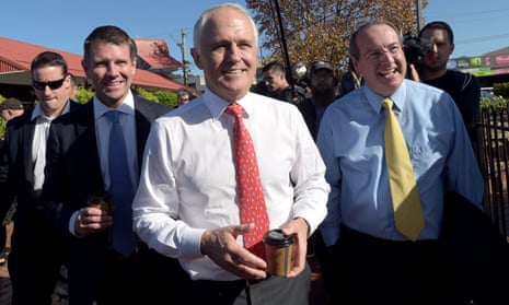 Mike Baird, Malcolm Turnbull and Peter Hendy during a street walk in Merimbula