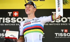 Remco Evenepoel celebrates as stage seven winner of the 2024 Tour de France in Gevrey-Chambertin, France