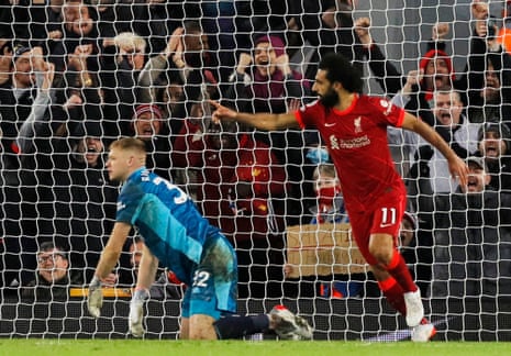 Liverpool’s Mohamed Salah celebrates scoring their third goal.
