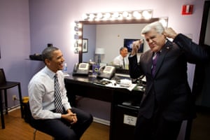 The president jokes around backstage with TV presenter Jay Leno
