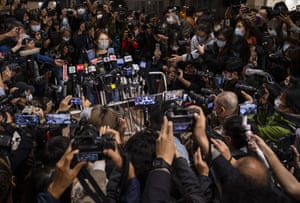 District councillor Clarisse Yeung Suet-Ying speaks to the press after being released on bail in Hong Kong. Four of the 47 pro-democracy activists charged with subversion under the national security law were released on bail, after the Department of Justice withdrew its appeal against the court’s decision to grant them and 11 others bail