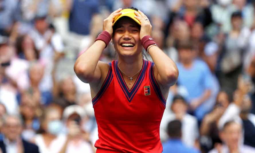 Emma Raducanu on court after winning match point.