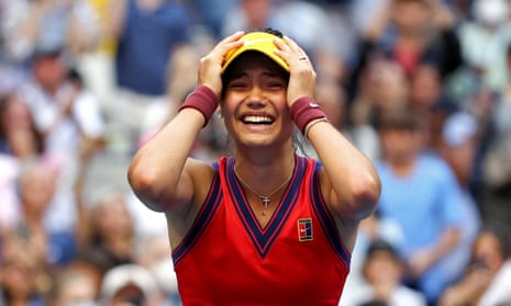 A tearful Emma Raducanu celebrates victory against Leylah Fernandez of Canada in their US Open final