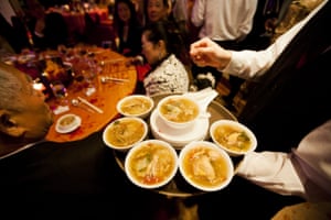 Shark fin soup being served at a Hong Kong restaurant