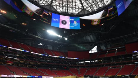 General view inside the stadium, as the LED screens display the match information, as players of Inter Miami CF inspect the pitch prior to the FIFA Club World Cup 2025 group A match between Internacional CF Miami and FC Porto at Mercedes-Benz Stadium on June 19, 2025 in Atlanta, Georgia.