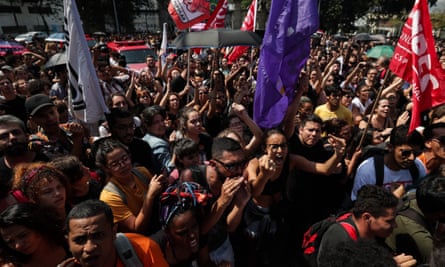 People protest outside the National Museum of Brazil in Rio de Janeiro