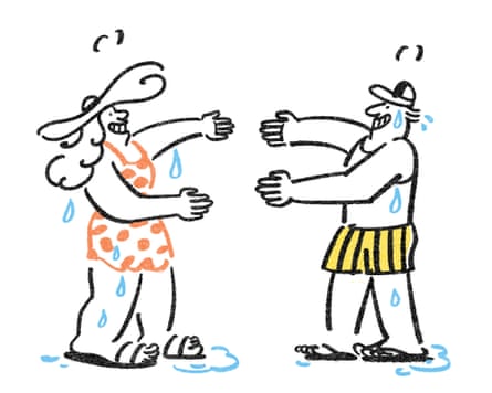 An illustration of a sweaty man and woman reaching in for a hug.