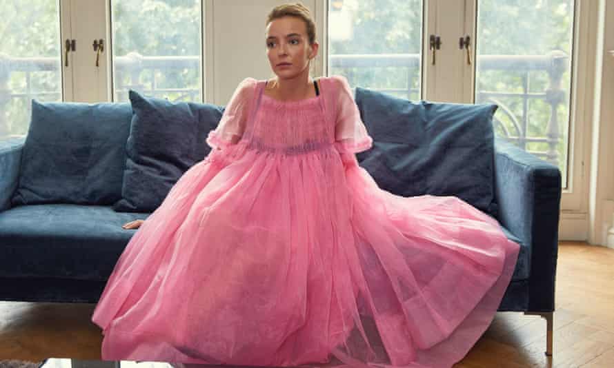 Jodie Comer in Killing Eve in a big pink dress by Molly Goddard
