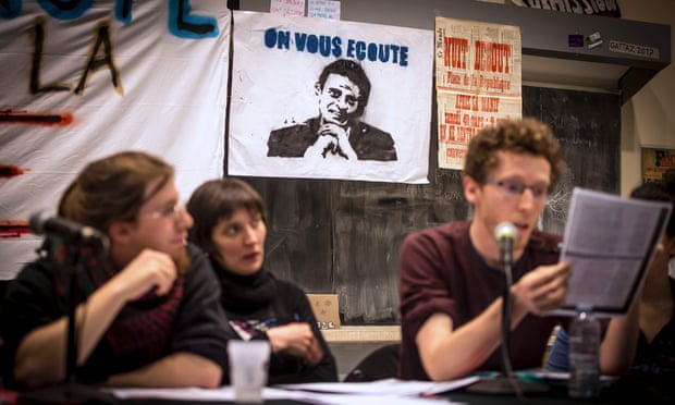 Students occupying an amphitheatre in Lille give a press conference to announce the start of the Nuit debout protests.