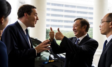 Ren Zhengfei, right, the founder of Huawei, talking to former British chancellor George Osborne on a trade visit in 2013.