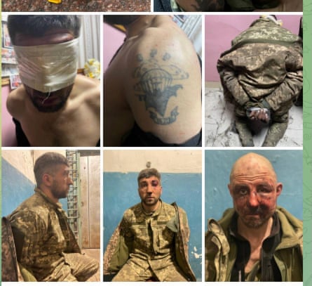 An image shared on Russian social media of Ukrainian soldiers, captured in April 2022, and held in Izium’s school number two.