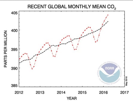 A National Oceanic and Atmospheric Administration graph of global monthly mean carbon dioxide
