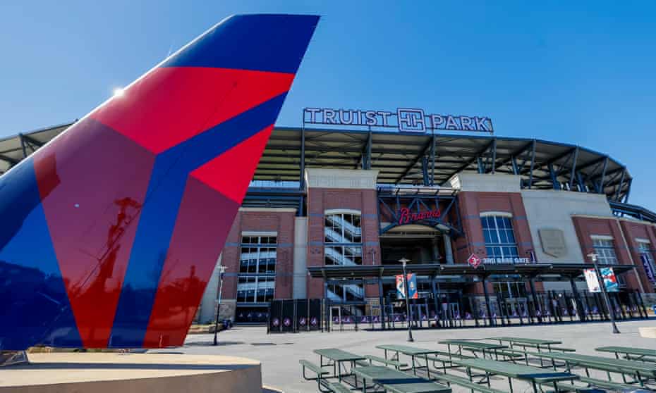The tail of a retired Delta jet outside Truist Park, home of the Atlanta Braves baseball team, in Atlanta, Georgia. The Major League Baseball Players Association said it is open to relocating the 2021 MLB All-Star Game in protest of restrictive new voting legislation recently passed in Georgia.
