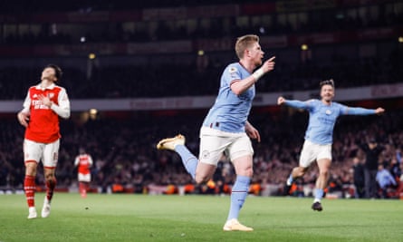 Kevin De Bruyne celebrates Manchester City’s first goal during the Premier League match against Arsenal in February.