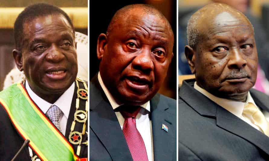 Emmerson Mnangagwa, president of Zimbabwe; Cyril Ramaphosa, president of South Africa; Yoweri Museveni, president of Uganda