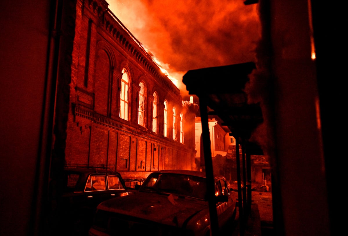 Zaporizhzhia National University engulfed in flames during the night.