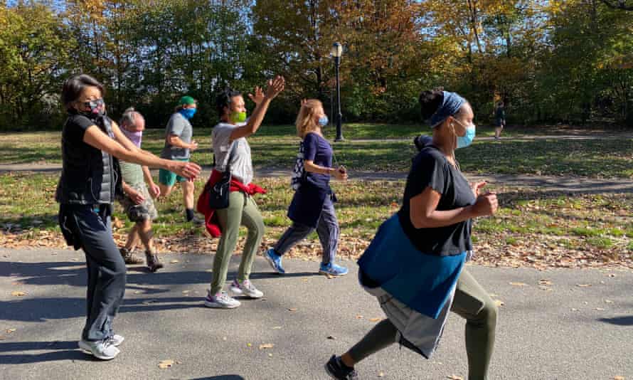 People participate in a dance walk in Prospect Park organised by dancer and documentary maker Joanne Nerenberg.