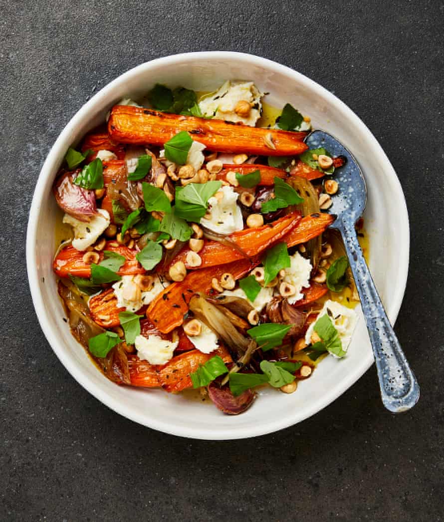 Yotam Ottolenghi's slow-cooked carrots with hazelnuts and mozzarella.