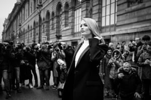 Elena Perminova wearing Giambattista Valli suit during Paris Fashion Week fall/winter 2020/21
