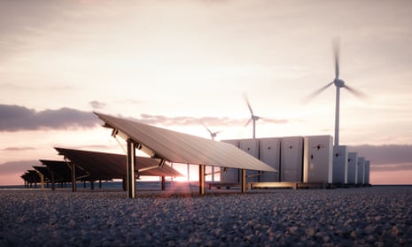 A 3D rendering of dark solar panels and wind turbines alongside a modular battery energy storage system