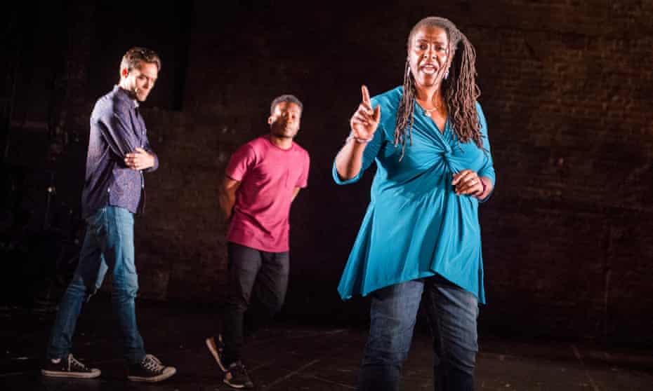 Alex Hassell, Fisayo Akinade and Sharon D Clarke in Pigs and Dogs by Caryl Churchill at the Royal Court theatre, London.