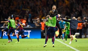 Cue the celebrations. Barcelona coach Luis Enrique celebrates with Ivan Rakitic.