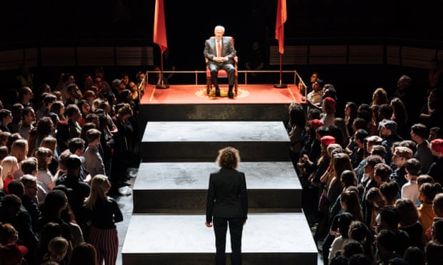Brexit stage left … Michelle Fairley as Cassius and David Calder as Julius Caesar in the Bridge theatre production.