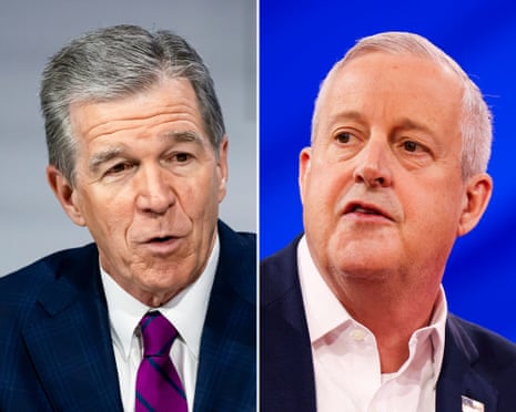 Roy Cooper, former governor of North Carolina, left. Michael Whatley, former chair of Republican National Committee, right.