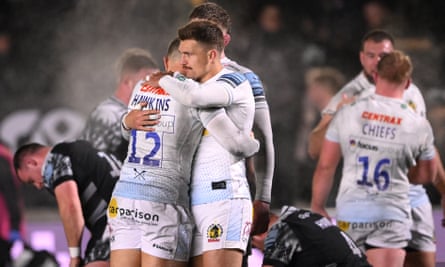 Henry Slade and Joe Hawkins celebrate Exeter’s victory over Newcastle